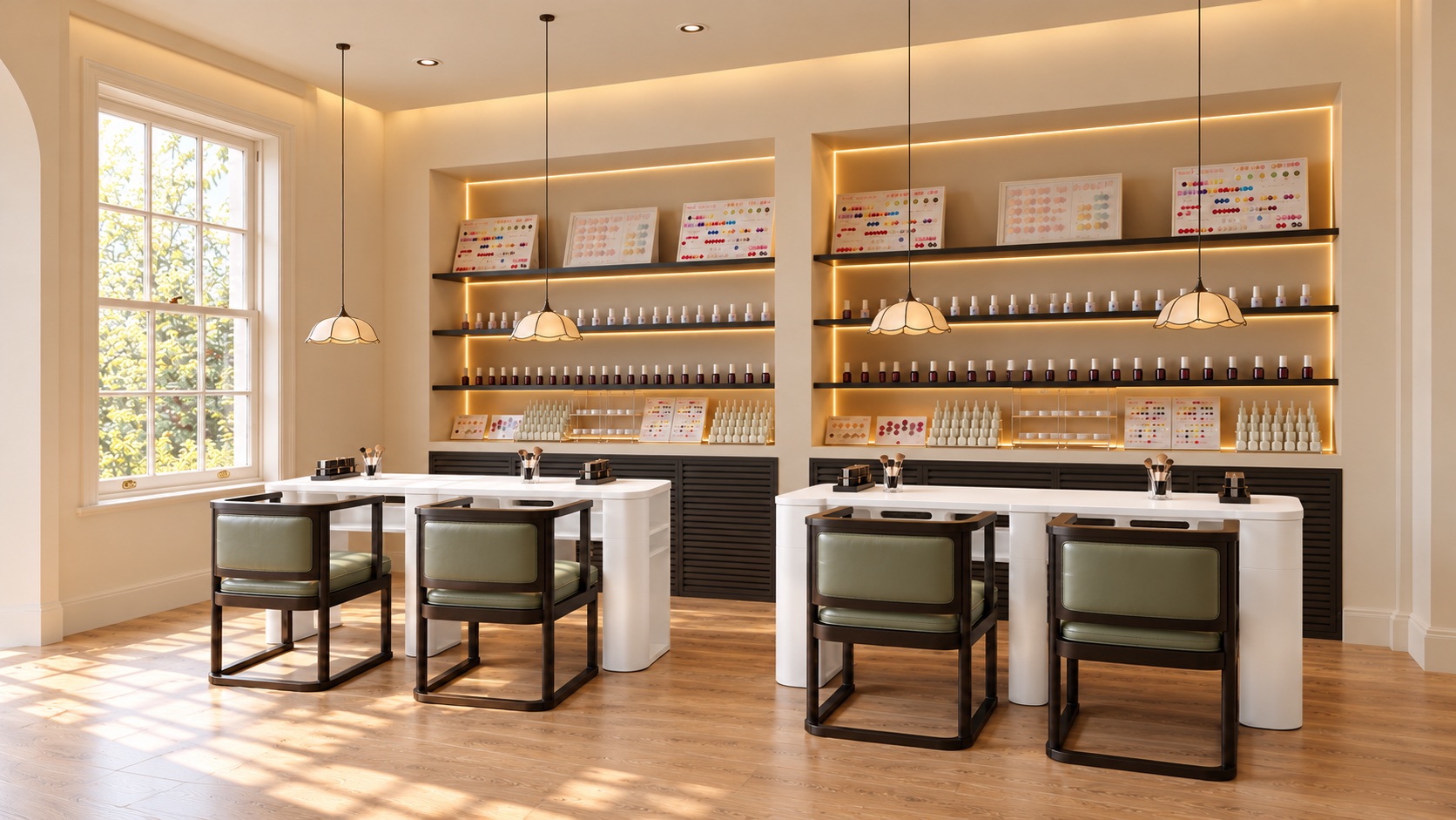 Warm wood tones, softly lit treatment beds and a head spa machine in the supplied YI studio image